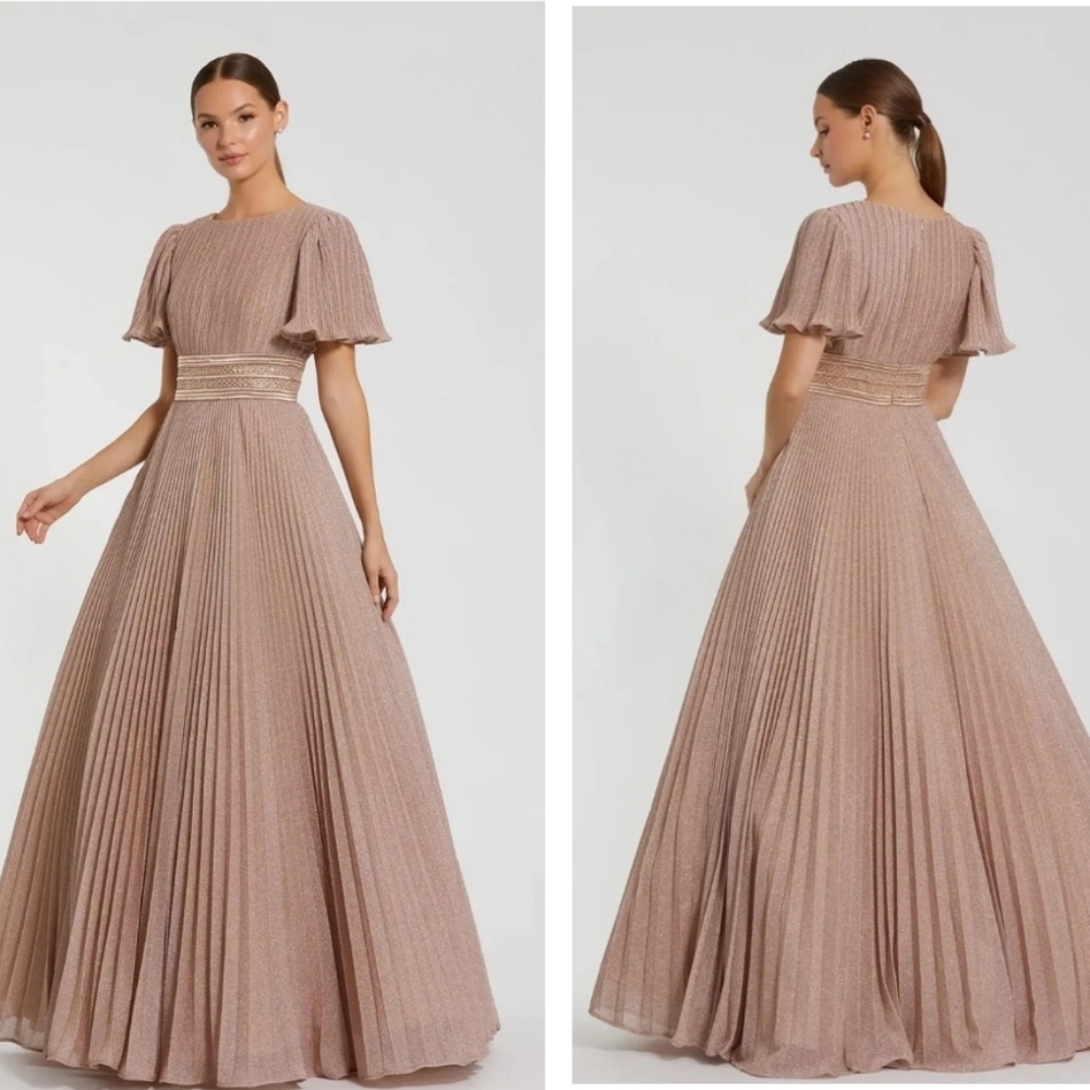 NWT Ieena for Mac Duggal Pink Pleated Shimmering Flutter Sleeve Gown SZ 14 - Picture 1 of 15